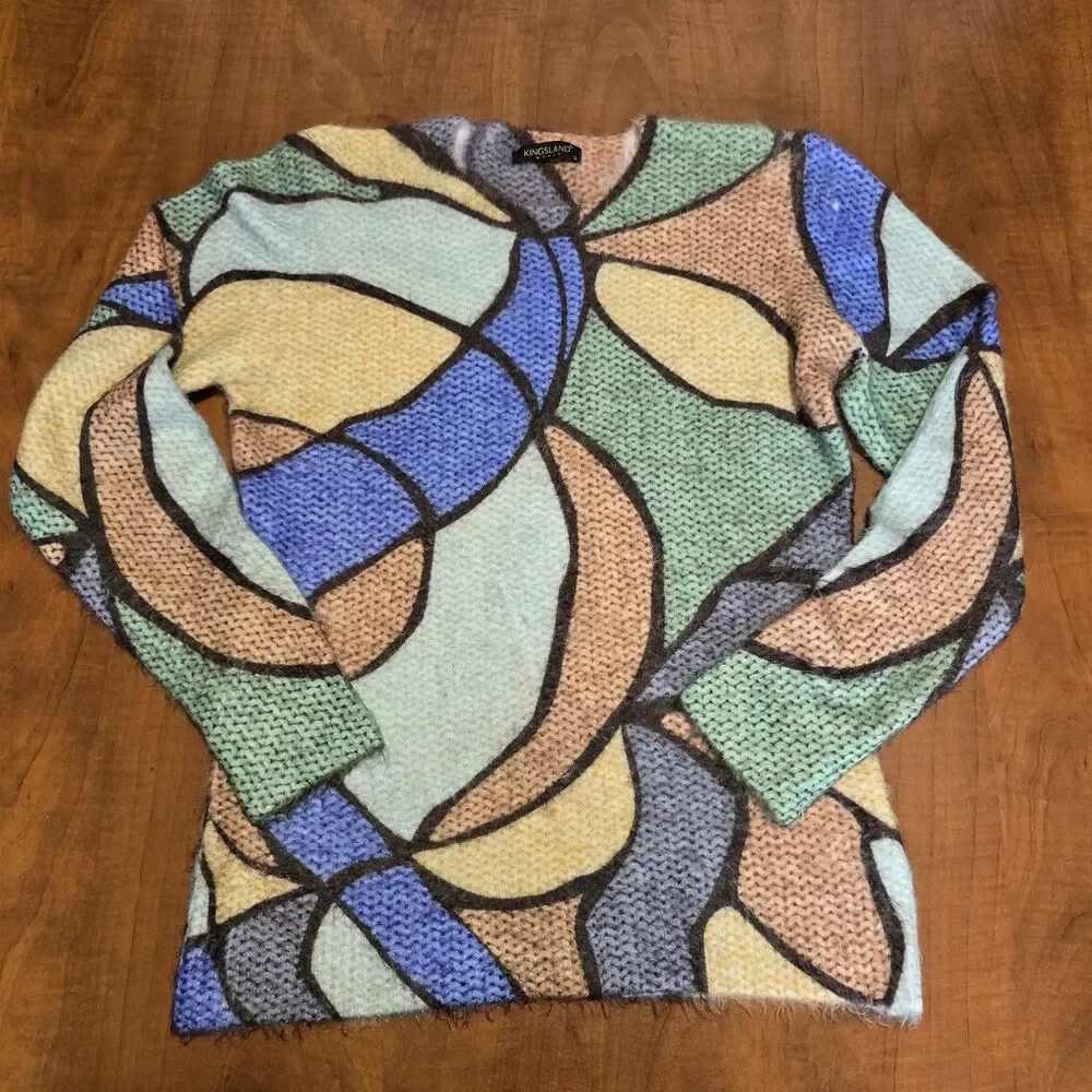 Kingsland Woman Vintage Angora Viscose Stained Glass Window Print Sweater M